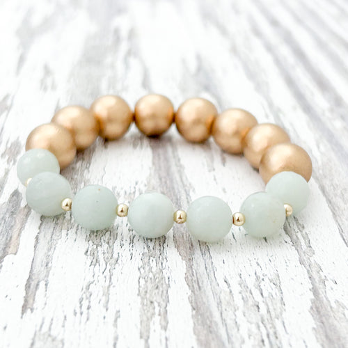 amazonite and large gold beaded bracelet  size small