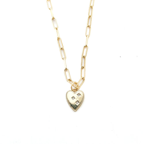 CZ heart paper clip chain necklace