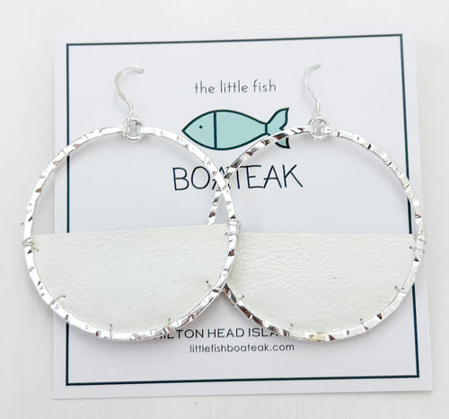 white leather large hoops-silver
