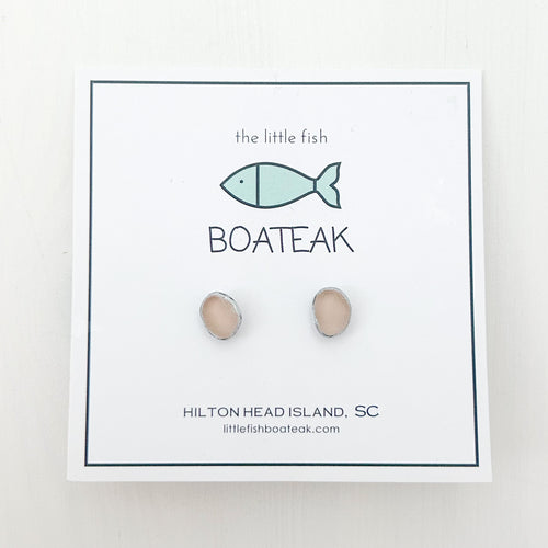 light pink sea glass studs with silver painted edge