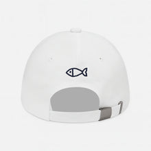 White cap with a fish logo on a white background