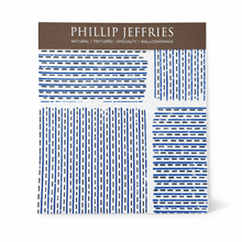 Phillip Jeffries wallcovering sample with blue and white pattern on a white background