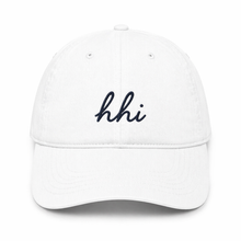 White cap with 'hhi' text on a white background