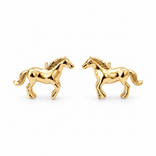 A pair of gold horse stud earrings shown on a clean white background.