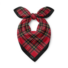 Red plaid silk scarf heritage plaid. with a black border on a white background. perfect for rbc heritage golf tournament