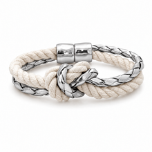 A braided rope bracelet with a knot detail, featuring a silver-toned metal clasp and matching braided accents, shown on a clean white background.
