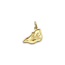 Gold pendant with 'hhi' engraving on a white background