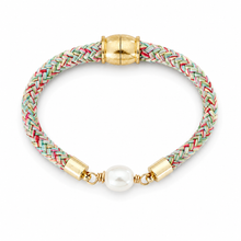 Bracelet with braided design, gold accents, and a pearl charm on a white background