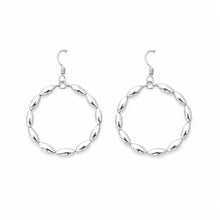 Silver-tone circular drop earrings made from linked rice-shaped beads with ear hooks on a white background.