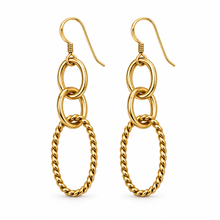 A pair of gold dangle earrings with three interlocking oval links at the top and a twisted rope-style oval drop at the bottom, shown on a plain white background.