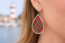 Heritage plaid Teardrop-shaped earrings with red plaid pattern and gold frame on a white background. Perfect for the RBC Heitage Golf Tournament in Harbor town.