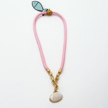 pink and white stripe rope necklace with clam shell