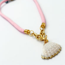 pink and white stripe rope necklace with clam shell