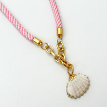 pink and white stripe rope necklace with clam shell