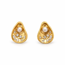 A pair of gold teardrop-shaped stud earrings, each featuring a central white pearl and a curved row of small clear pavé stones along the lower edge, set against a plain white background.