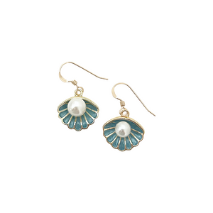 teal scallop shell pearl dangles
