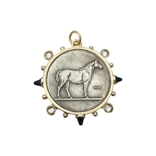 vintage horse coin charm- silver and shiny gold black