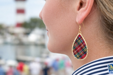Heritage plaid Teardrop-shaped earrings with red plaid pattern and gold frame on a white background. Perfect for the RBC Heitage Golf Tournament in Harbor town.