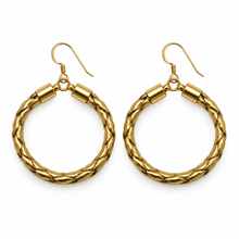 A pair of gold hoop earrings with a braided textured design and fishhook ear wires, shown on a plain white background.