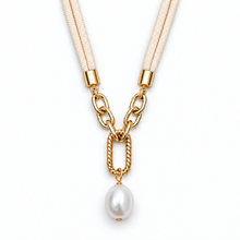 A gold-tone necklace featuring a textured cream cord, a double chain link section, a twisted rope detail, and a dangling white pearl, shown on a plain white background.