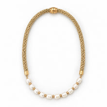A gold mesh chain necklace with a strand of white freshwater pearls separated by small gold spacer beads, displayed on a clean white background.