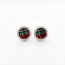 Round earrings with colorful pattern on a white background