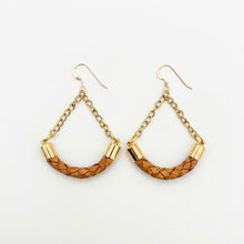 Pair of gold and brown braided earrings on a white background