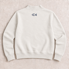 Off-white mock neck back with navy embroidered fish