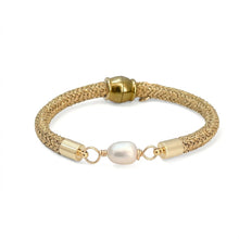Gold rope bracelet with freshwater pearl and polished gold caps on white background.