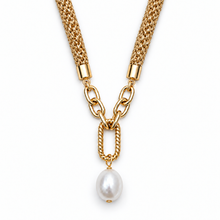 A gold-tone necklace featuring a textured chain, a chain-link connector, a twisted rope detail, and a single hanging white pearl pendant, shown on a plain white background.