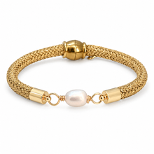 A gold braided bracelet featuring a central white freshwater pearl and polished gold end caps, shown on a clean white background.