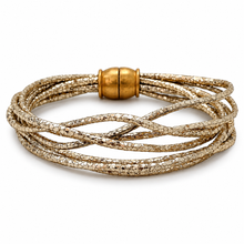 A gold-plated multi-strand wrap bracelet with a textured, crackle finish and a polished cylindrical clasp, shown on a clean white background.