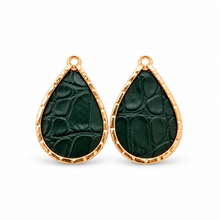 A pair of teardrop-shaped earrings with dark green crocodile-embossed leather centers and textured gold-tone borders, shown on a clean white background.