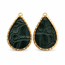 A pair of teardrop-shaped earrings featuring dark green crocodile-embossed leather inlays set in textured gold-tone metal, shown against a plain white background.