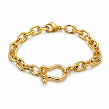 A chunky gold chain bracelet with a toggle clasp, displayed on a clean white background.