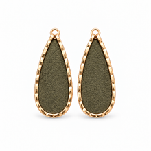 A pair of teardrop-shaped earrings with textured olive green centers and hammered rose gold borders, shown on a clean white background.