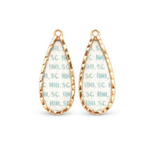 A pair of teardrop-shaped gold dangle earrings with a textured gold-tone frame and a clear resin cover printed with a repeating light blue 'SC' pattern, shown on a plain white background.
