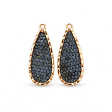 A pair of teardrop-shaped earrings with textured dark gray stone centers and hammered rose gold borders, shown on a clean white background.