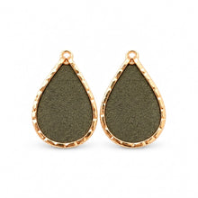 A pair of teardrop-shaped earrings with textured rose gold borders and dark olive green textured centers, displayed on a clean white background.