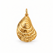 A textured gold pendant shaped like a clam shell, featuring a hammered finish and a small integrated top loop, shown on a clean white background.
