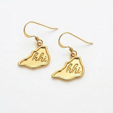 Gold earrings with 'hhi' inscription on a white background