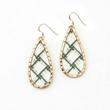 Teardrop-shaped earrings with green and clear stone in rose gold frames on a white background