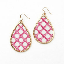 Teardrop-shaped earrings with pink and white pattern and gold accents on a white background