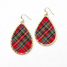 Heritage plaid Teardrop-shaped earrings with red plaid pattern and gold frame on a white background. Perfect for the RBC Heitage Golf Tournament in Harbor town.