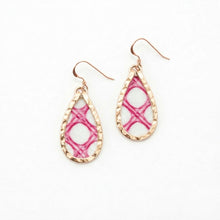 Teardrop-shaped earrings with pink and white pattern on a white background