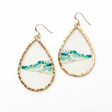 Teardrop-shaped earrings with gold frames and watercolor design on a white background alligator earring hilton head island south carolina harbor town hhi sc