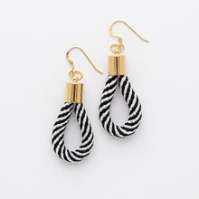 Zebra striped earrings with gold accents on a white background