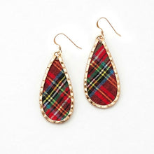 Teardrop-shaped earrings with plaid pattern and gold frame on a white background perfect for the Heritage golf tournament in harbor town