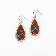 Teardrop-shaped earrings with plaid pattern and rose gold accents on a white background perfect for heritage golf tournament in harbor town
