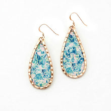 Teal and gold earrings on a white background
